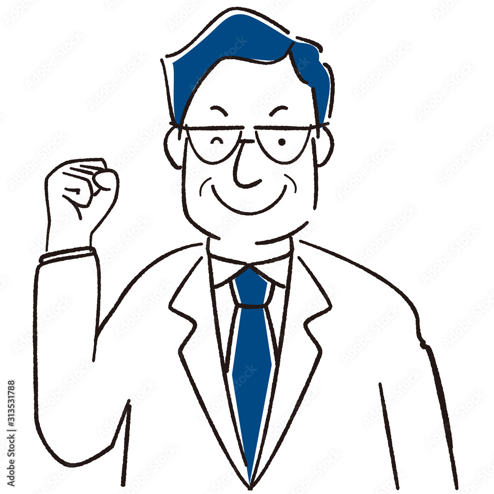 手描き1color 中年ビジネスマン　ガッツポーズ　クラシックブルー