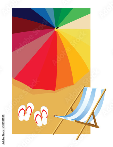 Landscape of wooden chaise lounge, umbrella, flip flops on beach. Sea and sand beach. Vector illustration in flat style