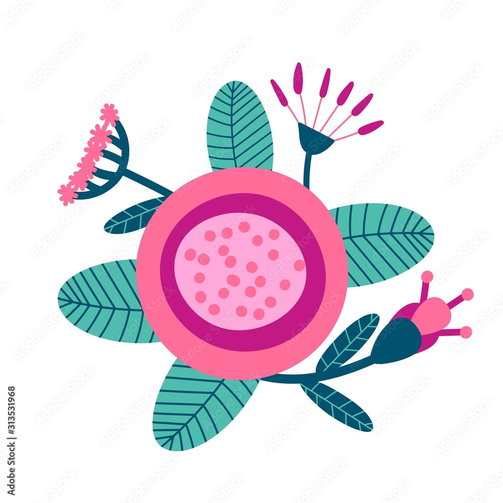 Floral bouquet of hand drawn fantasy folk flowers. Botanical illustration in flat cartoon style. Great as banner, print and card. Floral bouquet of hand drawn fantasy folk flowers. Botanical illustration in flat cartoon style. Great as banner, print and card.