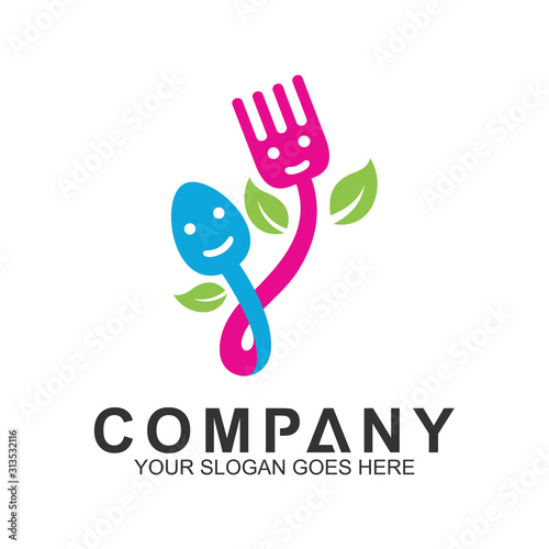 fresh and healthy family food, abstract spoon and fork with leaf for healthy and nutrition logo