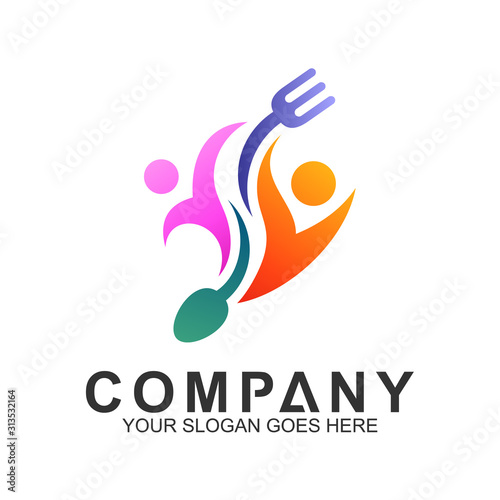 healthy family food, people with spoon and fork logo vector