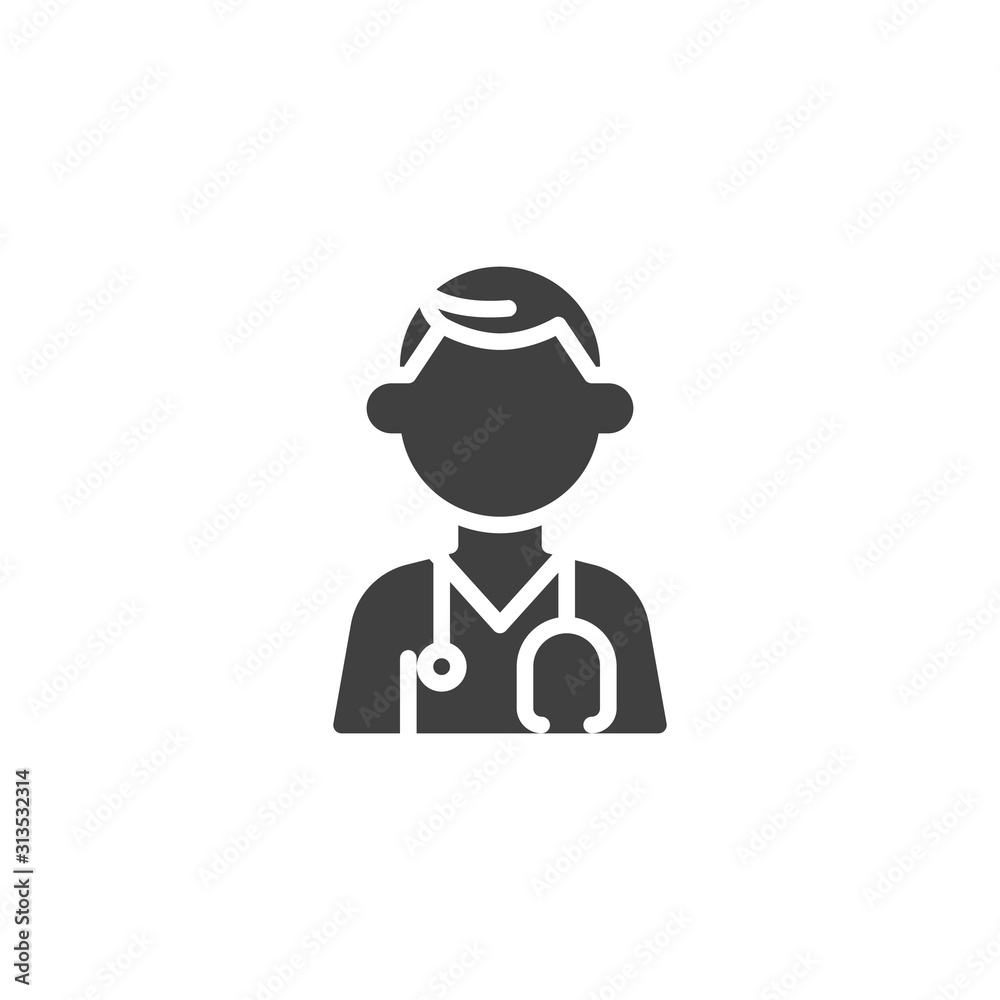 Male doctor character vector icon. filled flat sign for mobile concept and web design. Doctor with medical stethoscope glyph icon. Healthcare symbol, logo illustration. Vector graphics Male doctor character vector icon. filled flat sign for mobile concept and web design. Doctor with medical stethoscope glyph icon. Healthcare symbol, logo illustration. Vector graphics