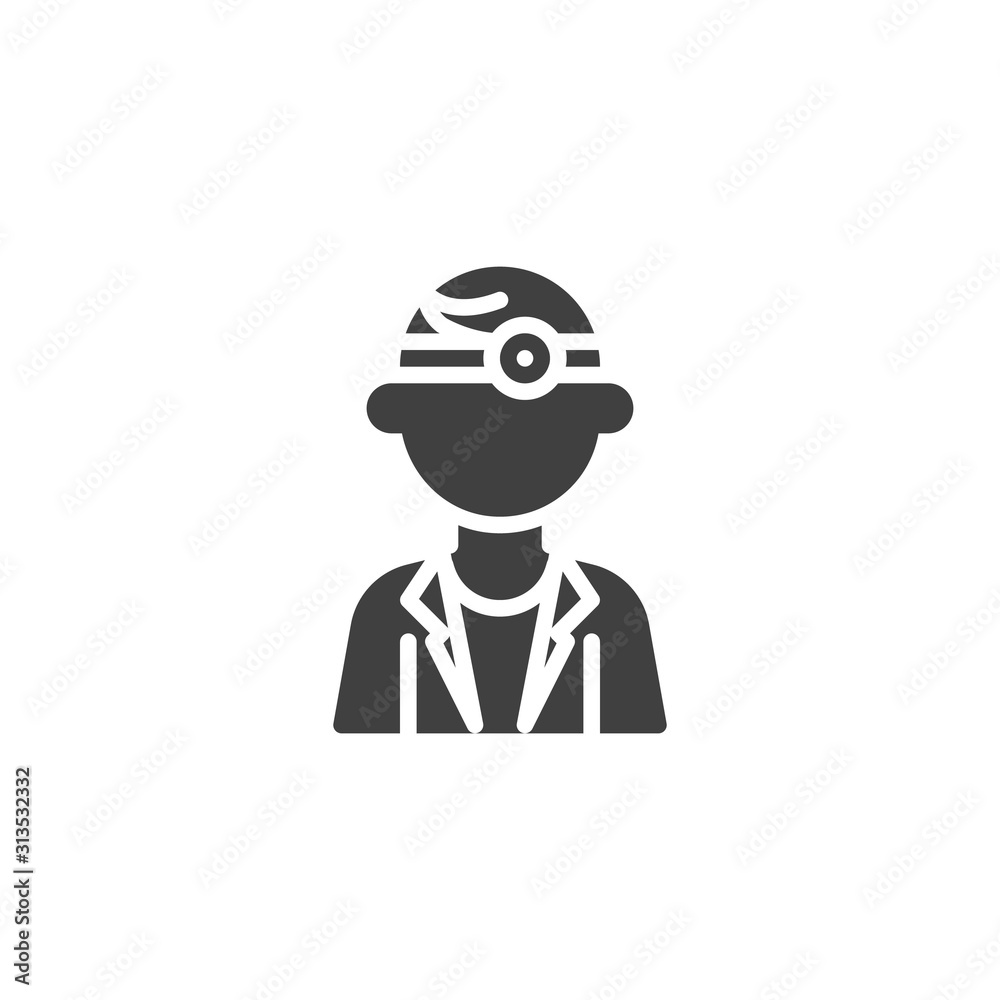 Male doctor with head mirror vector icon. filled flat sign for mobile concept and web design. Medical doctor avatar glyph icon. Healthcare symbol, logo illustration. Vector graphics Male doctor with head mirror vector icon. filled flat sign for mobile concept and web design. Medical doctor avatar glyph icon. Healthcare symbol, logo illustration. Vector graphics