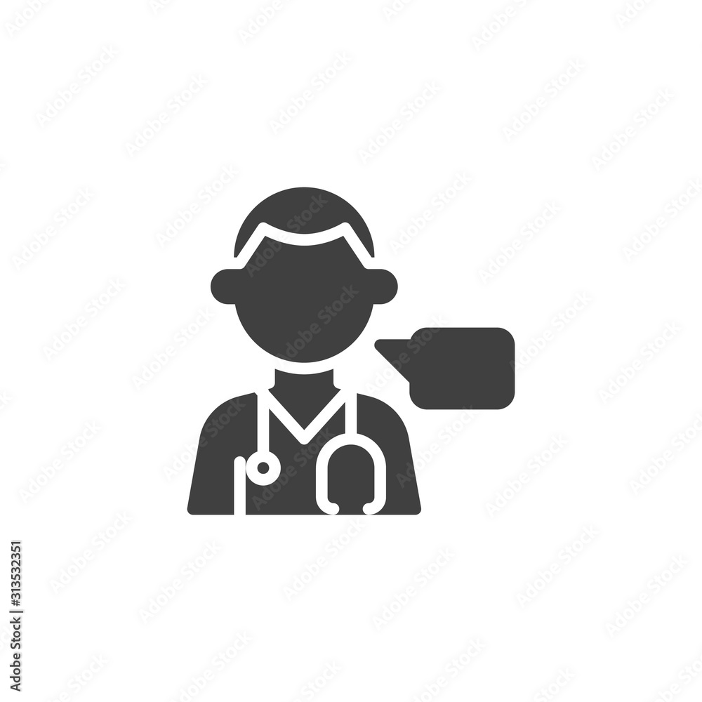 Doctor consultation vector icon. filled flat sign for mobile concept and web design. Medical doctor with speech bubble glyph icon. Healthcare symbol, logo illustration. Vector graphics