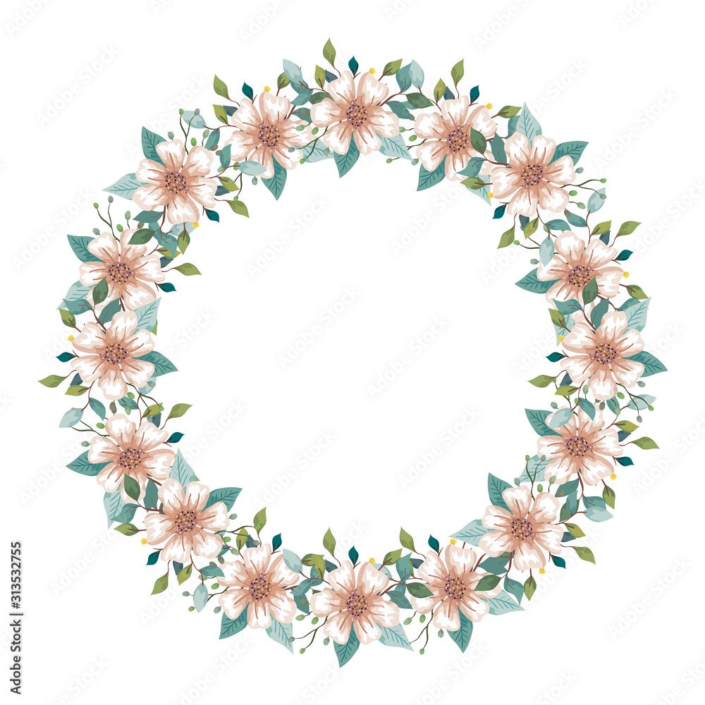 frame circular of flowers and leafs isolated icon