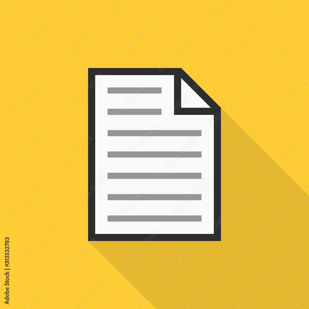 Paper icon with long shadow on yellow background, flat design style Paper icon with long shadow on yellow background, flat design style