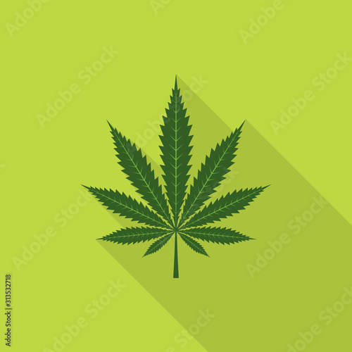 Cannabis leaf icon with long shadow on green background, flat design style