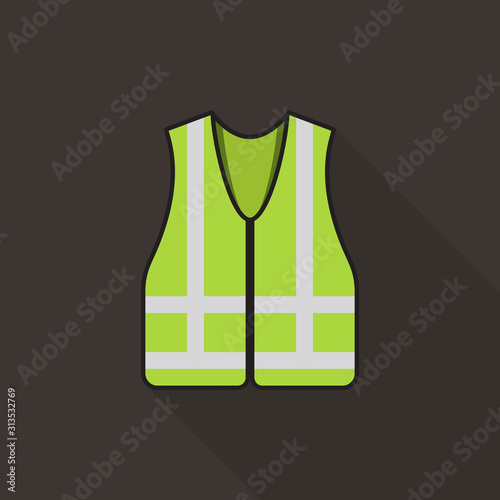 Green safety vest icon with long shadow on brown background, flat design style