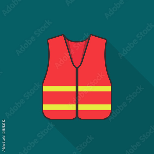 Orange safety vest icon with long shadow on blue background, flat design style
