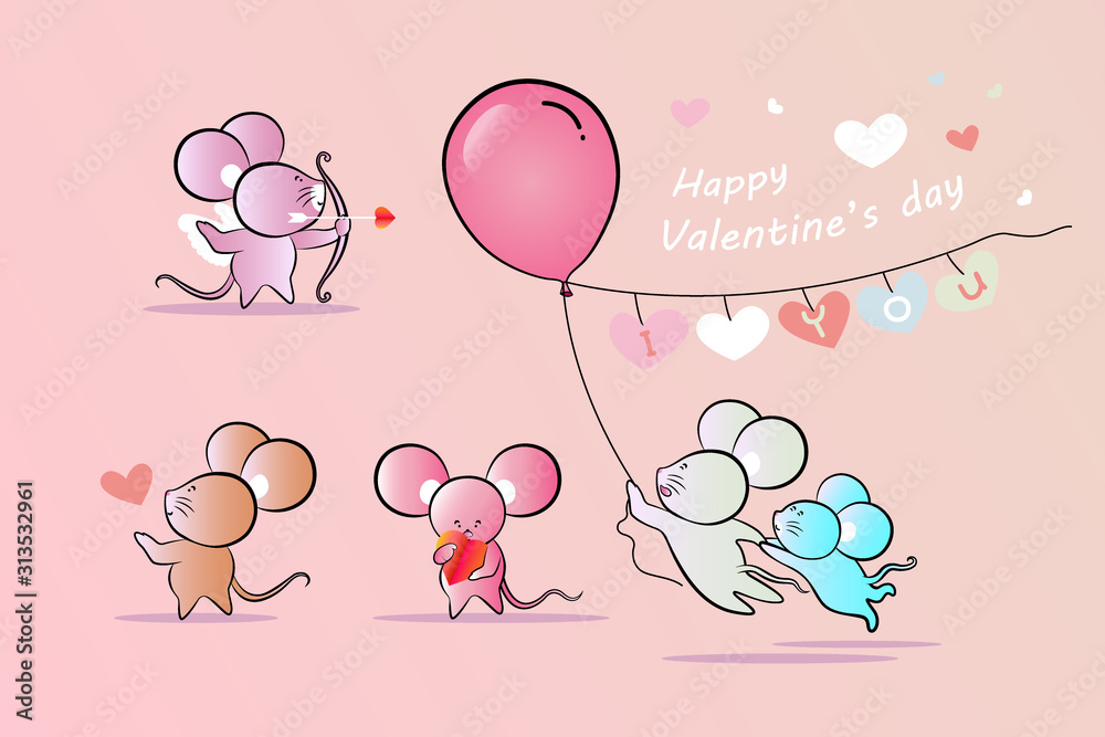 Draw cute rat set lovely mice for happy valentines day.