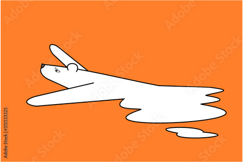 The polar bear is struggling as the body is melting into a liquid on orange color background, Illustration negative metaphors about the impact of global warming on animals