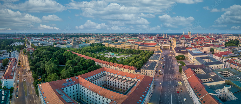 Drone view over the beautiful aera of Munich city as a wide panorama.