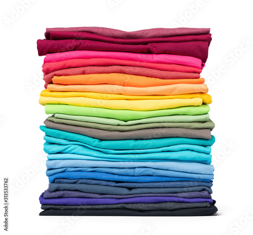 Stack of colorful t-shirt isolated on white background. File contains a path to isolation. photo