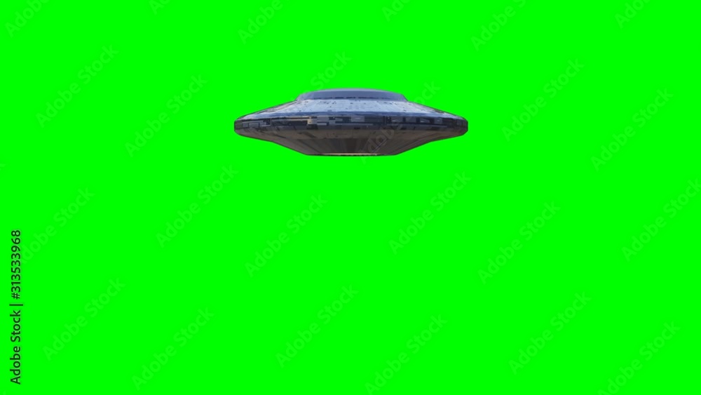 UFO fly by, rotating spaceship with extraterrestrial visitors, alien