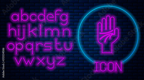 Glowing neon Palmistry of the hand icon isolated on brick wall background. Neon light alphabet. Vector Illustration