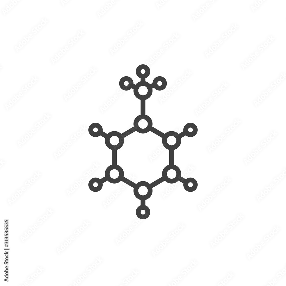 Toluene molecular structure line icon. linear style sign for mobile concept and web design. C7H8 formula outline vector icon. Symbol, logo illustration. Vector graphics Toluene molecular structure line icon. linear style sign for mobile concept and web design. C7H8 formula outline vector icon. Symbol, logo illustration. Vector graphics