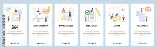 Guide manual book, law, data, business launch. Mobile app onboarding screens. Menu vector banner template for website and mobile development. Web site design flat illustration