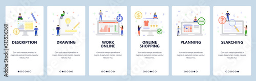 Drawing light bulb, online shopping, business chart, calendar, search information. Mobile app onboarding screens. Vector template for website and mobile development. Web site design illustration
