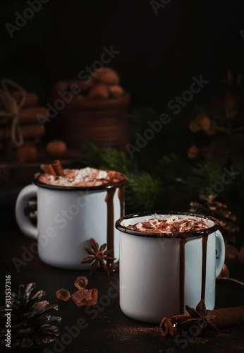Vintage mug of hot chocolate with cinnamon sticks and marshmallows on dark background