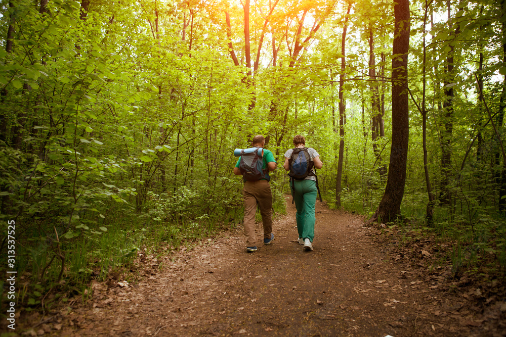 elderly couple with backpack hiking in forest. Senior couple walking in nature.  Eco-friendly travel. Outdoor activities on weekends.