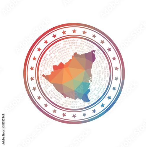 Flat low poly stamp of Nicaragua. Polygonal Nicaragua badge. Trendy vector logo of the country.
