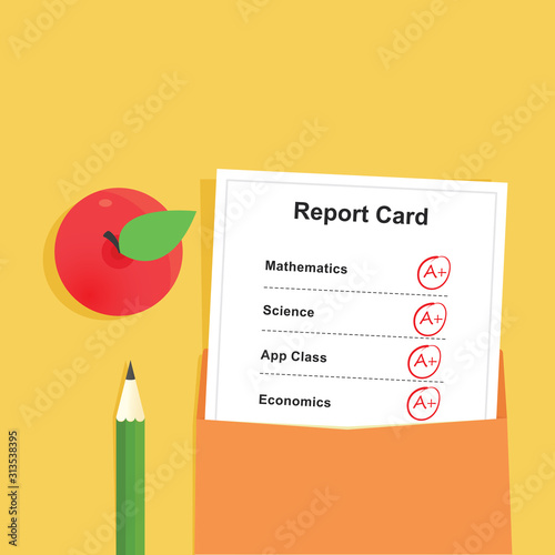 good Annual School report card in the envelope with pencil and apple