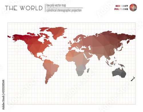 Low poly design of the world. Cylindrical stereographic projection of the world. Red Grey colored polygons. Beautiful vector illustration.