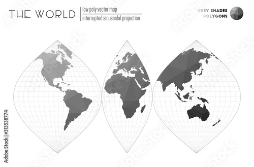 Low poly world map. Interrupted sinusoidal projection of the world. Grey shades colored polygons. Creative vector illustration.