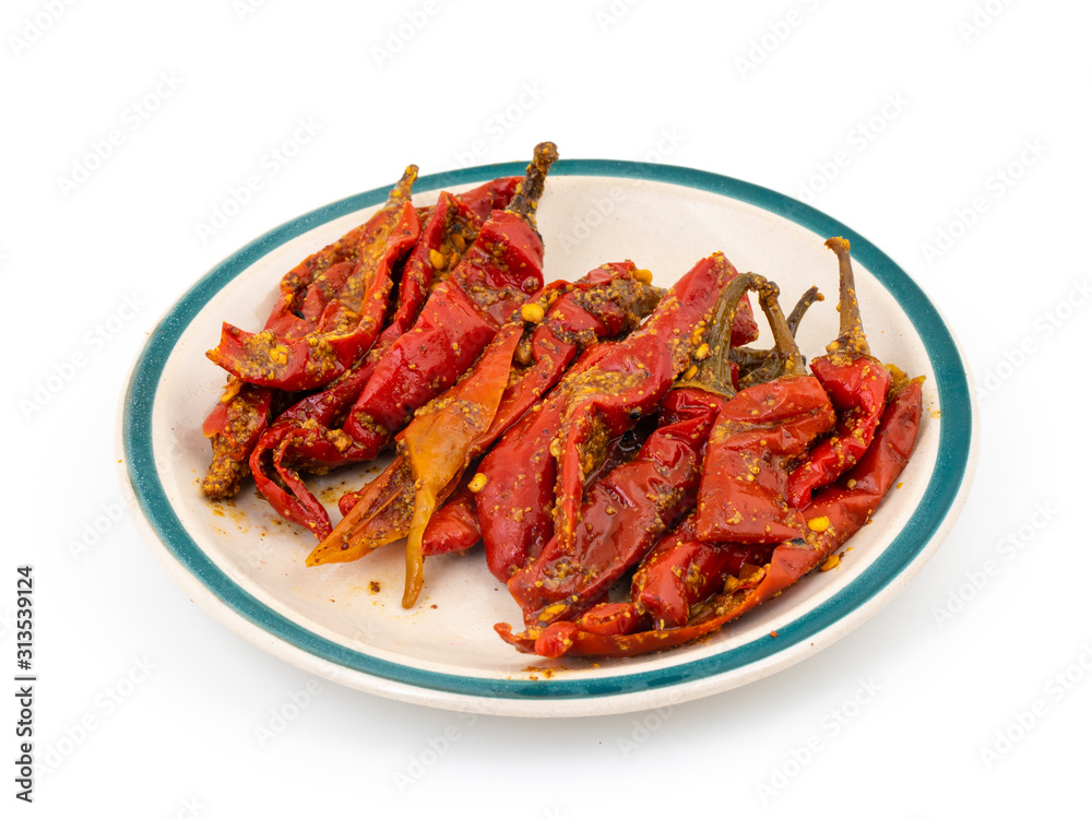 Indian Homemade Red Chilli Pickle Also Know as Mirchi Ka Achar, Loncha or Laal Mirch Ka Achar