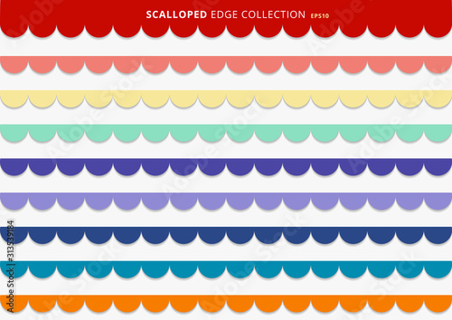 Photo Set of colorful scallops stripes seamless repeat pattern geometric design on white background
