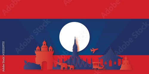Travel Laos panorama postcard, poster, tour advertising of world famous landmarks in paper cut style. Vectors illustrations