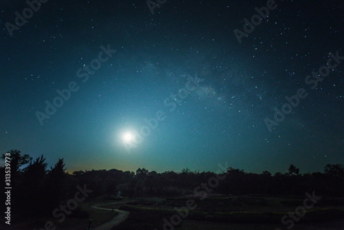 Clear sky at night with full moon, Night landscape with full moon and milky way