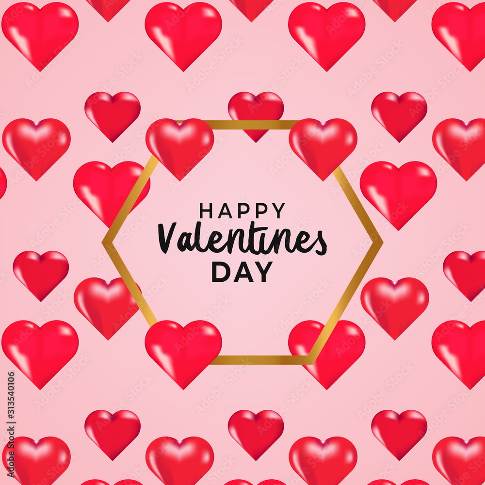 happy valentine day design template with 3d love, gold triangle for greeting card, letter card, banner, and printing. vector illustration design template background.