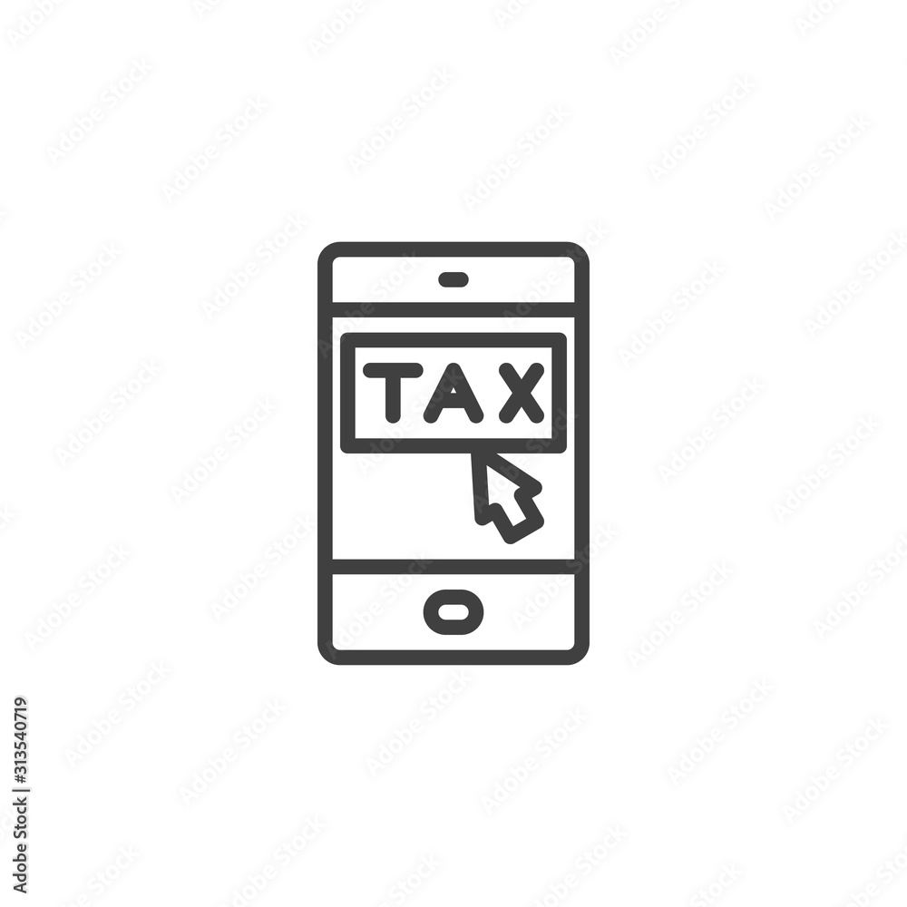 Mobile tax paying line icon. linear style sign for mobile concept and web design. Online tax payment outline vector icon. Symbol, logo illustration. Vector graphics Mobile tax paying line icon. linear style sign for mobile concept and web design. Online tax payment outline vector icon. Symbol, logo illustration. Vector graphics