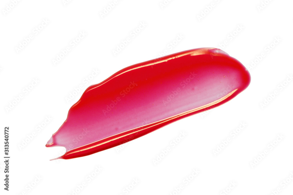Red pink lip gloss smear smudge. Glossy lipstick swatch isolated on white background. Cosmetic beauty product swipe. Make-up texture Red pink lip gloss smear smudge. Glossy lipstick swatch isolated on white background. Cosmetic beauty product swipe. Make-up texture