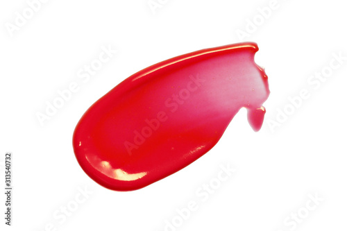 Liquid lipstick swatch smear smudge isolated on white background. Shiny lip gloss stroke swipe. Makeup texture