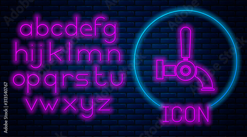 Glowing neon Beer tap icon isolated on brick wall background. Neon light alphabet. Vector Illustration