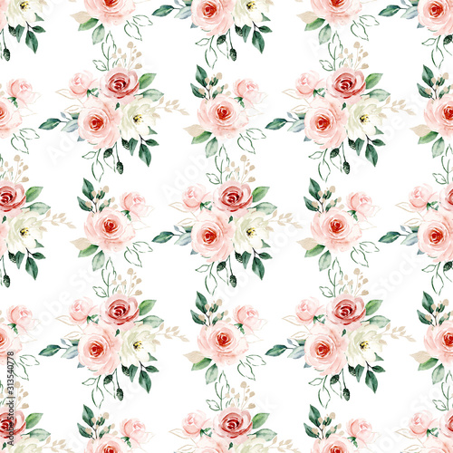 Seamless background, pattern, vintage floral texture with bouquets watercolor pink flowers roses. Repeat fabric wallpaper. Perfectly for wrapping paper, backdrop.  © Larisa