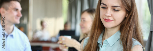Wallpaper Mural beautiful woman have meeting with her subordinates in cafe Torontodigital.ca