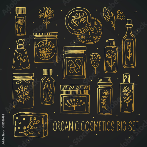 Natural cosmetics doodle vector clipart, set of isolated elements. Herbs. Organic ingredients. Eco friendly, vegetarian, vegan cosmetics, farmacy. Sticker, icon, symbol. Elegant golden design. 