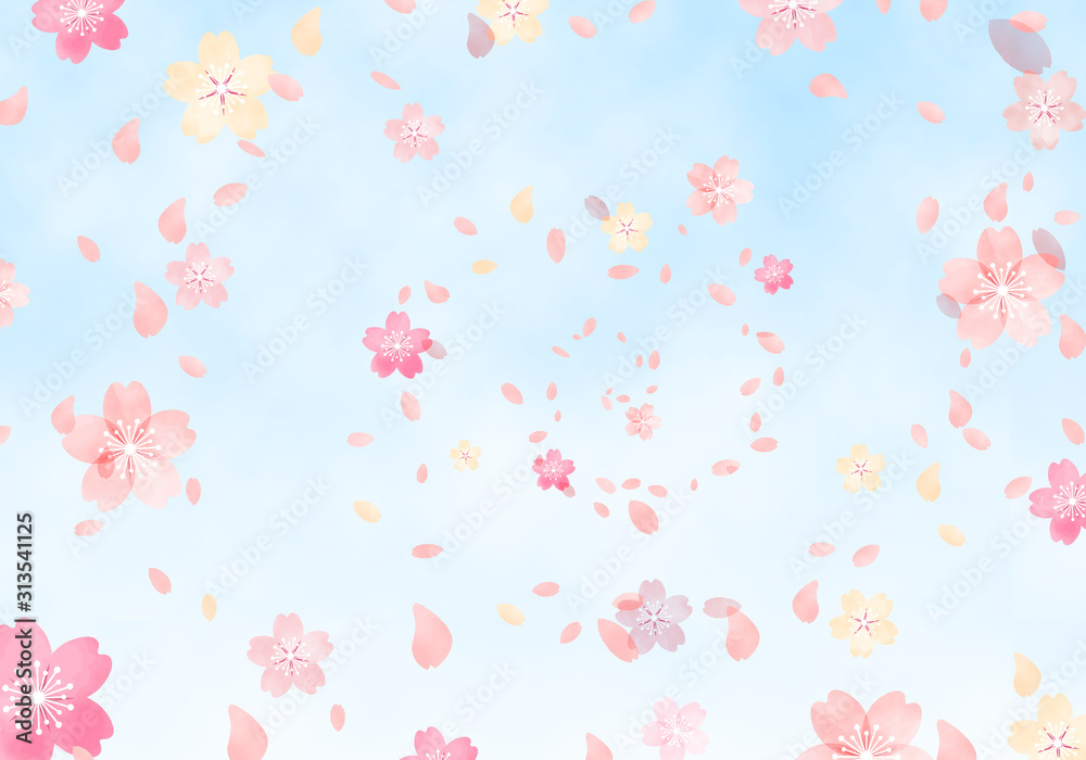 水彩　手描き風　桜と空の背景イラスト　04