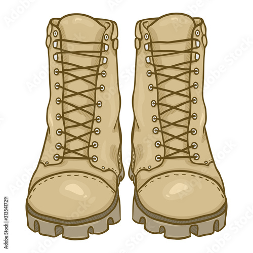 Vector Cartoon Beige Army Boots. Sand Color High Military Shoes.