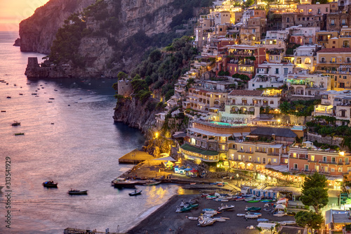 Detail of Positano on the italian Amalfi coast after sunset