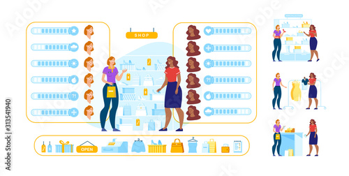 Shop Consultant and Customer Animated Character Set. Happy Customer and Friendly Smiling Seller at Clothing and Accessories Boutique. Showcase, Goods and Female Emotions Diy Kit. Vector Illustration