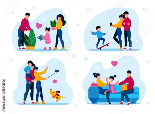 Happy Family Daily Routine Trendy Flat Vector Concepts Set. Parents with Children Watering Plants, Shooting Selfie, Resting Together on Sofa, Photographing Sons Skateboard Trick Isolated Illustrations