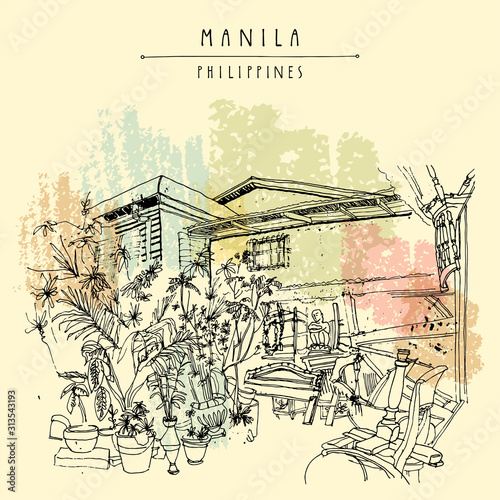 An aged guesthouse with a vintage art shop in the old part of Manila, Philippines, Asia. Hand drawn vintage postcard or poster