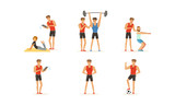 Personal Gym Coach Helping People Characters Training Vector Illustrations Set
