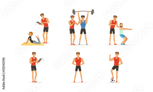 Personal Gym Coach Helping People Characters Training Vector Illustrations Set