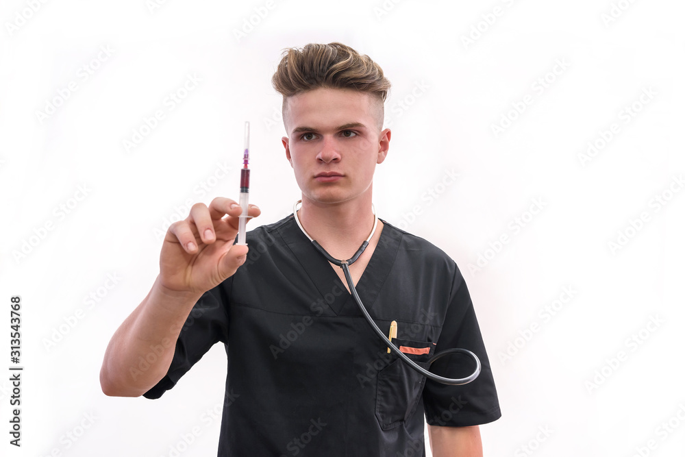 Doctor with syringe. Young doctor in medic uniform holding syringe in hand with glove isolated on white Doctor with syringe. Young doctor in medic uniform holding syringe in hand with glove isolated on white