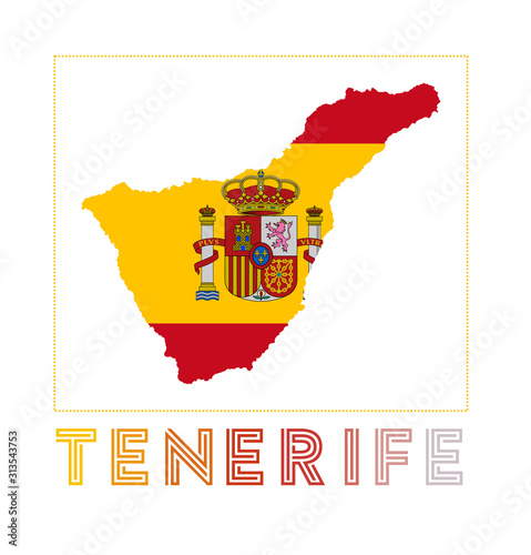 Tenerife Logo. Map of Tenerife with island name and flag. Stylish vector illustration.